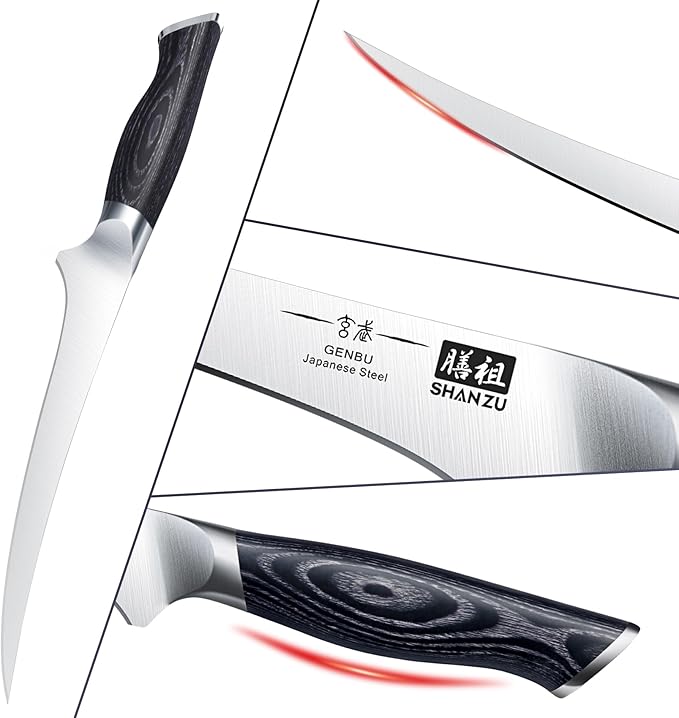 SHAN ZU 7 Inch Fillet Knife, Japanese Super Steel Boning Knife, Professional Ultra Sharp Fish knife with K133 Ergonomic Handle, Black Tortoise Genbu Series