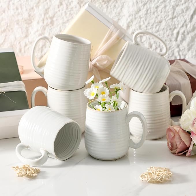 15oz Coffee Cups, Porcelain Coffee Mugs for Latte, Milk, Cappuccino, Cocoa, Tea Cups with Handle for Dad and Mom as a Gifts, Dishwasher and Microwave Safe, Set of 6, White
