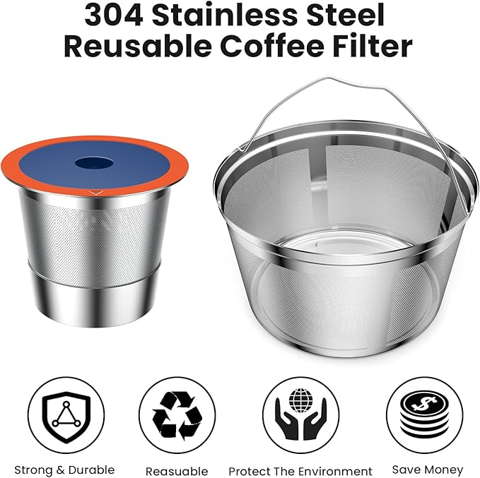 Reusable Coffee Filter For Keurig K Duo,Stainless Steel Reusable 8-12 Cup Basket for K-Duo Essentials and K Duo Brewers Makers, 2 Pack Reusable K Cups and 1 coffee filter