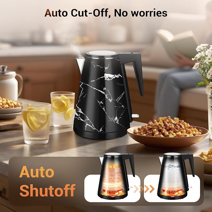 1.2L Double Wall Stainless Steel Interior Water Boiler, Cordless, 1000W Fast Boil with LED Light Coffee Pot & Tea Electric Kettle, Auto Shut-Off and Boil-Dry Protection (Black Marble)