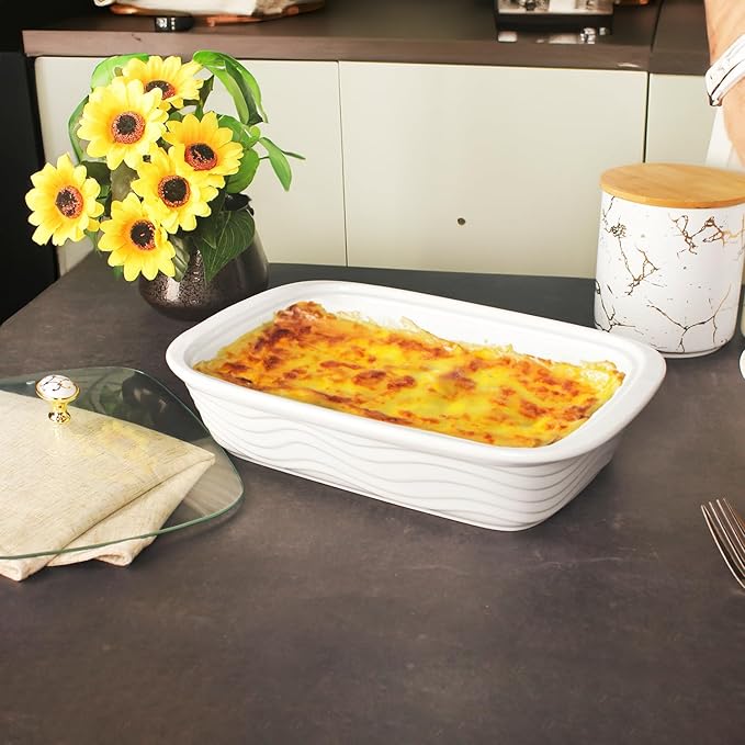 12" x 8" Ceramic Casserole Baking Dish With Glass cover, Lasagna Pan Deep for Oven, 2.2 Quarts Baking Pan with Handles, Oven Safe&Durable Bakeware for Home Decor