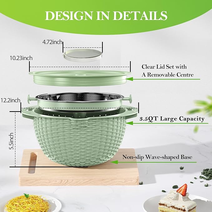 4-1 Colander with Bowl Set - Strainers for Kitchen, Food Strainers and Colanders, Pasta Strainer, Rice Strainer, Fruit Cleaner, Veggie Wash, Salad Spinner, Aesthetic Kitchen Essentials - Green