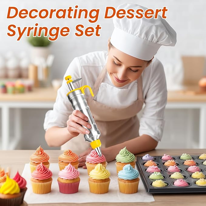 Dessert Decorating Syringe Set Icing Piping Kit Frosting Piping Kit Stainless Steels Cake Decorating Kit with 10 food grade stainless steel piping tips & 50 Disposable Piping Bags Yellow