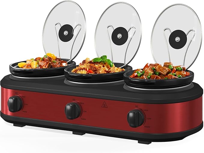 Triple Slow Cooker, 3 x 1.5 QT Portable Small Dual Crock Cooker, Buffet Servers and Warmers Dishwasher Safe, Removable Ceramic Pot Glass Lid, Stainless Steel, Red