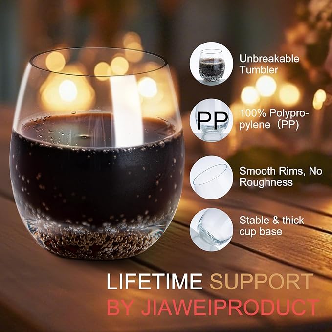 10oz Premium Plastic Wine Glasses Set of 6 Unbreakable Outdoor Wedding Cups Yacht Party Tumblers Stemless Reusable Cups for Red White Wine High-End Events