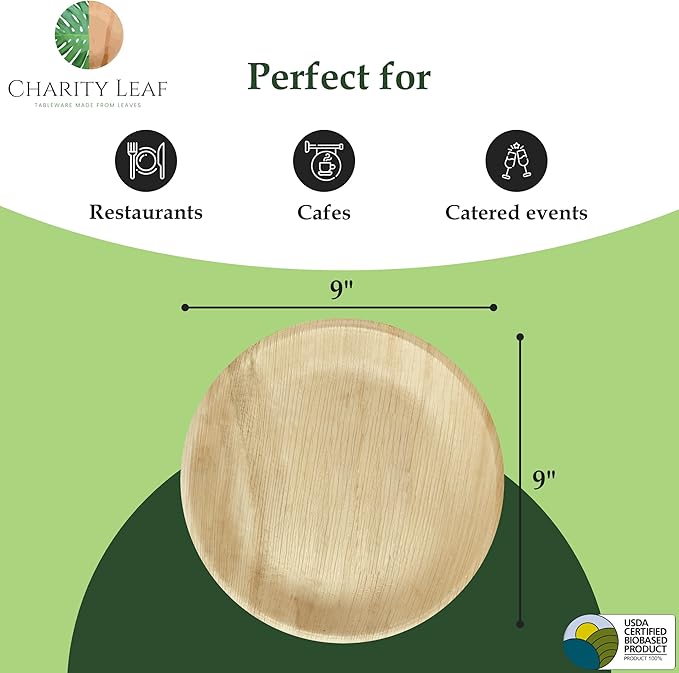 Disposable Palm Leaf 9" Round Plates (50 pieces) Bamboo Like Serving Platters, Disposable Boards, Eco-Friendly Dinnerware For Weddings, Catering, Events