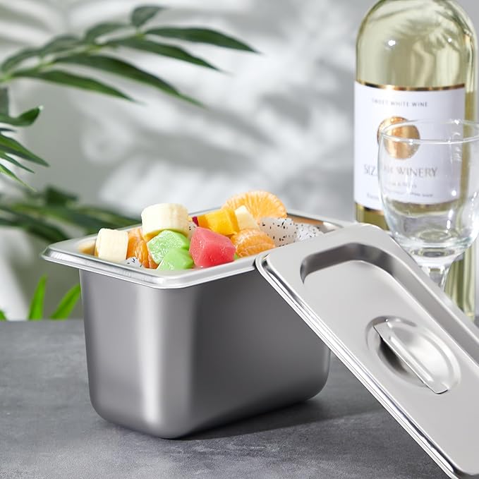 Mifoci 6 Pack Stainless Steam Hotel Pan with Lid, 1/9 Size x 4 Inch Deep Steam Table Pan Restaurant Supplies Reusable Anti Rust Catering Storage for Home, Party, Restaurant, Hotel, Buffet