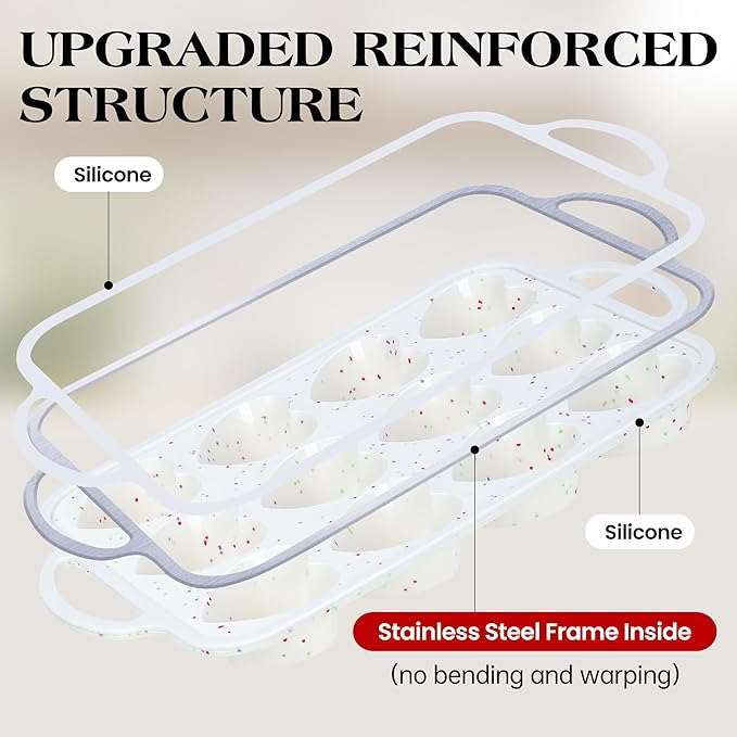 2 Pcs Heart Shaped Muffin Pan with Metal Reinforced Frame 12 Cup Nonstick Silicone Heart Cake Mold for Baking 2.5 Inch Cupcake Tray (Cream)