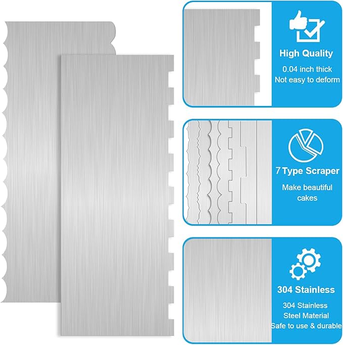 4 Pc 9 Inch Stainless Steel Cake Scraper Cake Decorating Tools Edge Side Jagged Wave Double Sided Patterned Comb Metal Cake Carving Smoothing Cream Pastry Baking