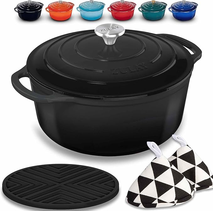 Zulay Kitchen 5 Quart Enameled Cast Iron Dutch Oven with Lid,Silicone Trivet & Heat Pad – Premium Durability & Oven Safe up to 500°F – Heavy Duty Cookware Perfect for Bread Baking, Stews, Braising & Roasting – Black