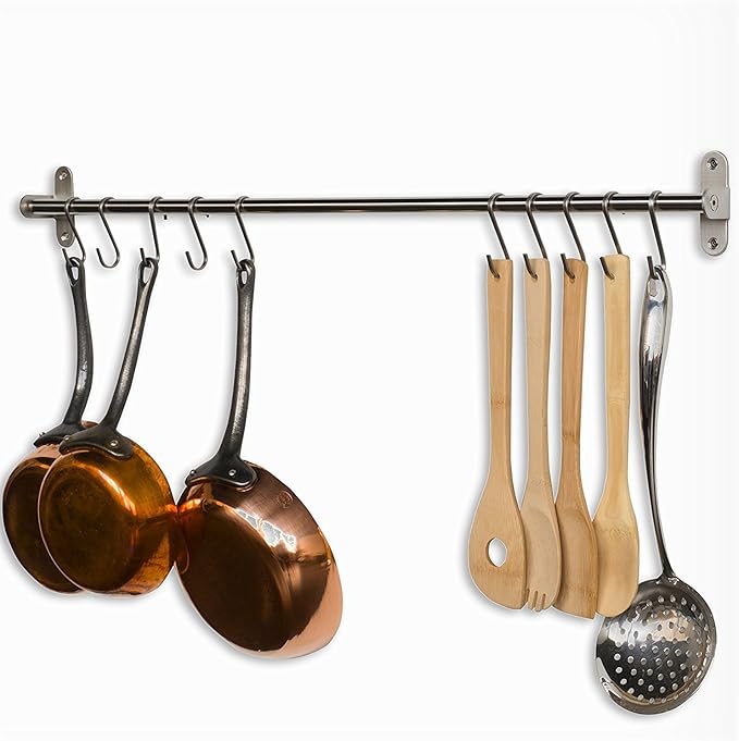 Premium Chefmate Stainless Steel Gourmet Kitchen 31.5 Inch Wall Mount Rail and 10 S Hooks Set Utensil Pot Pan Lid Rack Storage Organizer, Silver