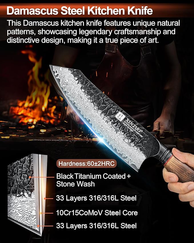 XINZUO 7.6 Inch Sharp Damascus Santoku Knife,Professional 67 Layers Damascus Steel Kitchen Meat Knife for Home and Kitchen,10Cr15CoMoV Steel Core,With White Oak + Red G10 Gasket Handle
