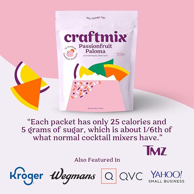 Craftmix Passionfruit Paloma, Makes 24 Drinks, Tequila Cocktail Mixers, Instant Skinny Cocktail and Mocktail Mix - With Real Fruit - Vegan Low Carb, Low Sugar, Non-GMO, Gluten Free, Easy to Mix