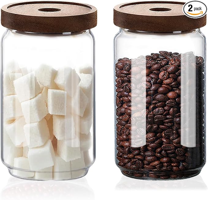 Glass Jars with Airtight Wood Lids - 25 oz Small Kitchen and Pantry Storage Containers, Canisters for Chia Seed, Ground Coffee, Sugar, Spice, Salt, Salad, Matcha, Set of 2