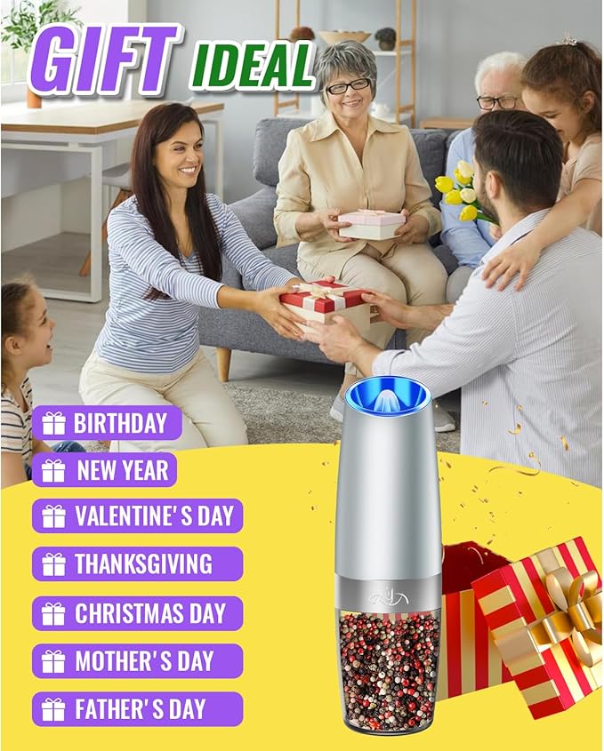 Rongyuxuan Gravity Salt and Pepper Mill Set,Electric Automatic Pepper Grinder Mill Shaker with Battery Powered,Stainless Steel,Blue LED Light,Adjustable Coarseness,One Hand Use,Light Grey