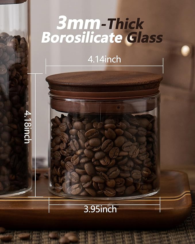 500ml Glass Coffee Canister with Wooden Lids and Scoop, Kitchen Coffee Container Set of 2 Hold Up to Total 12 oz of Coffee Bean, Airtight Food Storge Jars for Ground Coffee Bar Cereal Snack