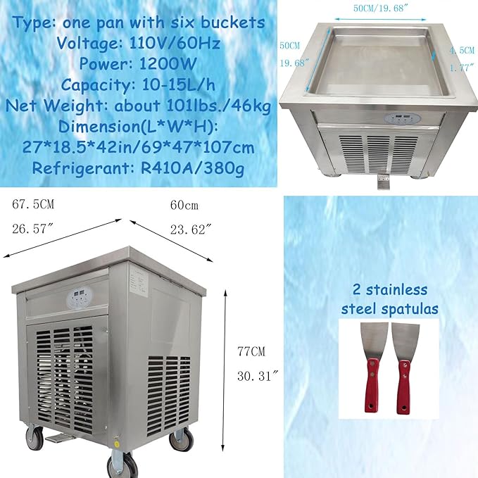 Commercial Fried Ice Cream Machine Single Pan Commercial Ice Roll Maker 20" Square Fried Ice Cream Pan Yogurt Fry ice Cream Machine for Bars/Cafes/Dessert Shops