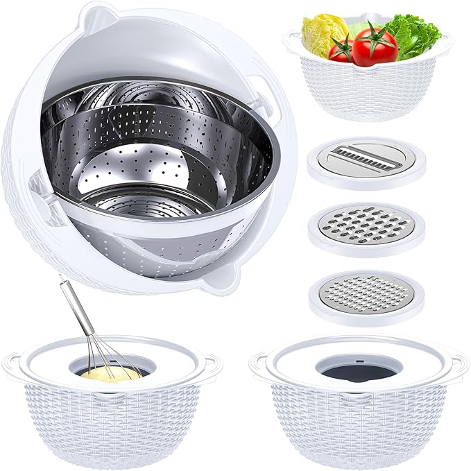 4-1 Colander with Bowl Set - Pasta Strainer - Colander for Kitchen - Strainers and Colanders Rice Strainer Fruit Cleaner Veggie Wash Sink Strainer Kitchen Essentials - White