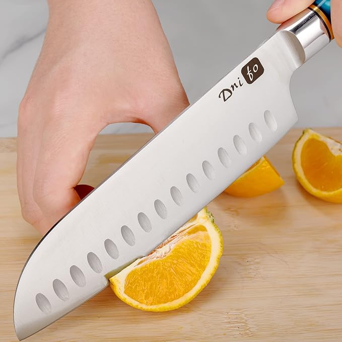Santoku Knife 7 Inch, Ultra Sharp Japanese Chef Knife, High Carbon Stainless Steel Kitchen Knife with Gift Box and Resin Wood Handle, Ideal Gift for Men and Women