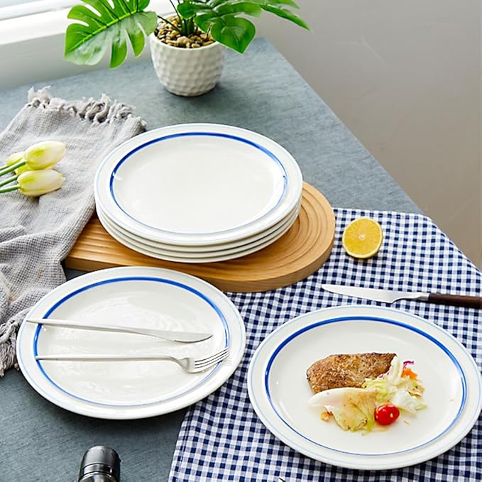 10.5-inch Porcelain Dinner Plate Set of 6 - Microwave, Oven and Dishwasher Safe, Scratch Resistant. (Scuba Blue)