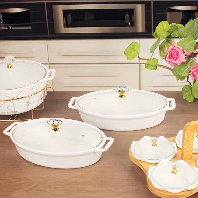 11" x 7" Ceramic Oval Casserole Dish with Glass Lid, 1.3 Quart White Serving Soup Tureen,Chafing Dish for Buffet, Family Food preserve Tray, Catering Casserole for Party Style