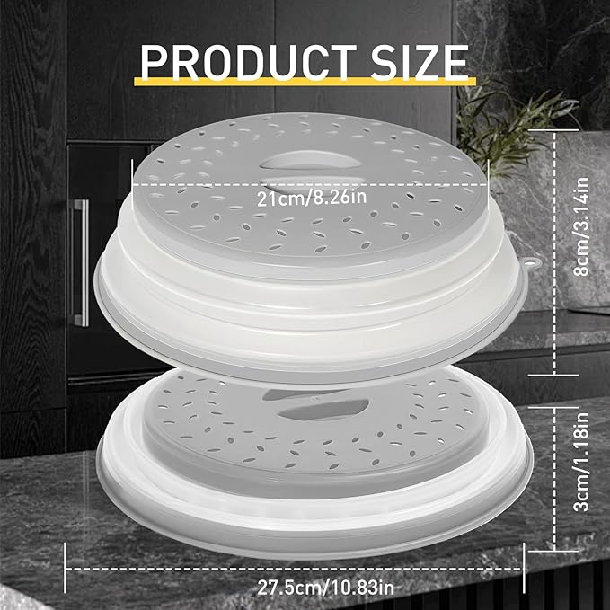 Collapsible Microwave Splatter Cover, Vented Microwave Lid with Hook Hole, Splatter Guard for Plate Dish Bowl, Vegetable Fruit Colander Multi-function Kitchen Gadget, BPA-Free (Grey)