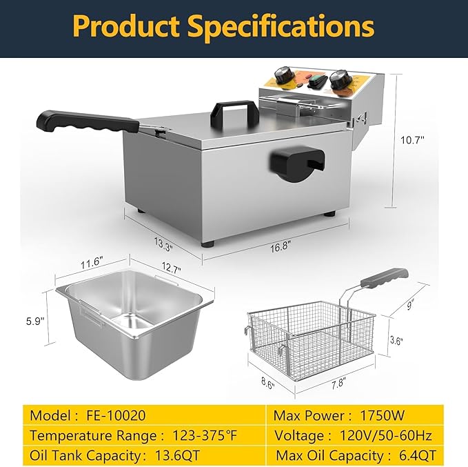 13.6QT Electric Deep Fryer with 6L(6.5QT)Frying Basket&Lid,1750W Stainless Steel Commercial Countertop Single Tank Oil Fryers with Temperature Control&Timer for Home Kitchen Restaurant