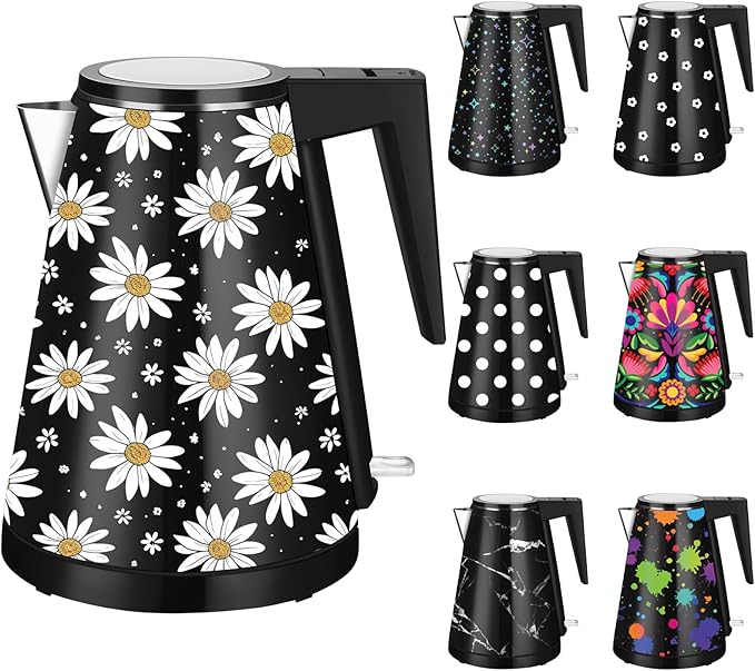 1.2L Double Wall Stainless Steel Interior Water Boiler, Cordless, 1000W Fast Boil with LED Light Coffee Pot & Tea Electric Kettle, Auto Shut-Off and Boil-Dry Protection (Big Daisy)