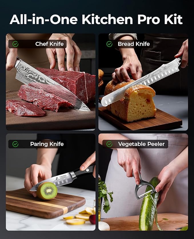 Essential Chef Knife Set, Professional Damascus Pattern Kitchen Knives Set 4 Pcs without Block, German Stainless Steel Sharp, for Bread, Meat Cutting, Fruits, Vegetable, Bbq, Home Cooking, Gift Box