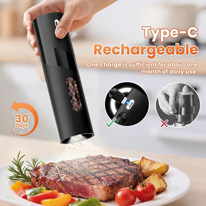 110ml Electric Salt and Pepper Grinder Set, 2-Pack Auto Salt and Pepper Shakers with Large Capacity, Rechargeable, Adjustable Coarseness for Kitchen, Outdoor Dining (Black & White)