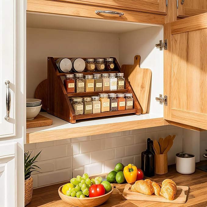 Acacia Wooden Spice Rack for Countertop - 3 Tiered Spice Rack Organizer for Cabinet - Kitchen Spices Organizers Holds 24 Jars - Spices Shelf for Kitchen Storage Pantry Seasoning Organizer