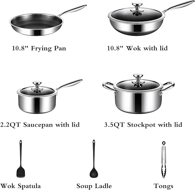 10 Pcs Non Stick Pots and Pans Set with Lids, Hybrid Stainless Steel Cookware Set, Skillet,Stock Pot,Frying Pan,Kitchen Cooking Utensils,Non Toxic,Induction,Dishwasher Safe