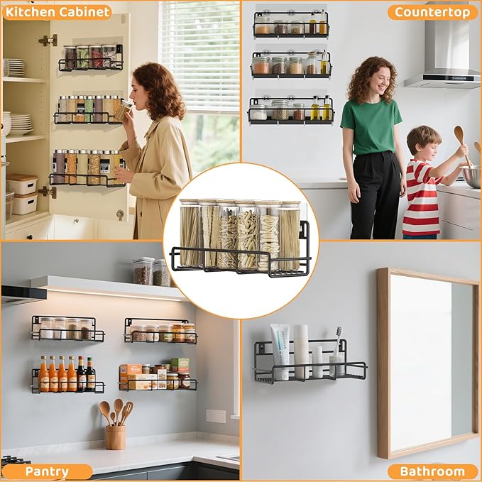 6 Pack Wall Mount Spice Rack Organizer, for Kitchen Pantry Door Storage and Organization, Heavy-Duty Metal Kitchen Spice Rack, Flexible Wall Iron Shelves with Adhesive Hook, Black