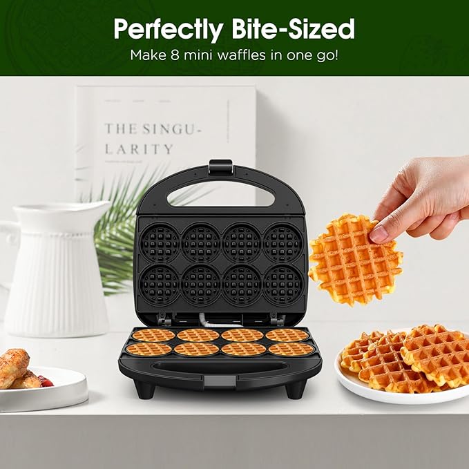 Mini Waffle Maker for Kids, Make Bite-Sized 8 * 2" Tiny Waffles, Great for Breakfast, Snacks, Desserts and More