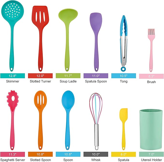 LIANYU 12-Piece Silicone Kitchen Cooking Utensils with Holder, Kitchen Tools Set Include Slotted Spatula Spoon Turner Ladle Tong Whisk, Dishwasher Safe, Multi Colored