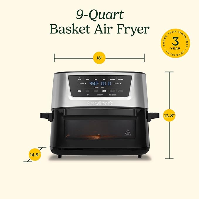 Cuisinart Air Fryer, 9-Quart Basket Large Fryer with 6 Cooking Functions to Air Fry, Roast, Bake, Broil, Keep Warm, and Dehydrate, 6 Airfryer Presets, Dishwasher-Safe Parts, AIR-220, Stainless Steel