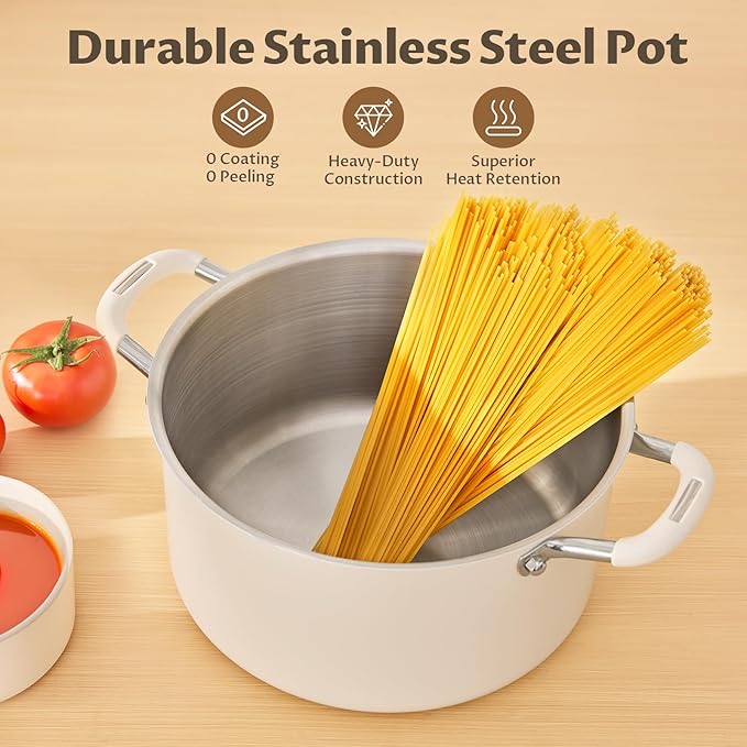 10 Quart Pot with Lid, BEZIA Tri-Ply Stainless Steel Stock Pots, Large Cooking Pots with Silicone Handle, Soup Pot for Induction Cooktop, Compatible with All Cooktops, Dishwasher Safe