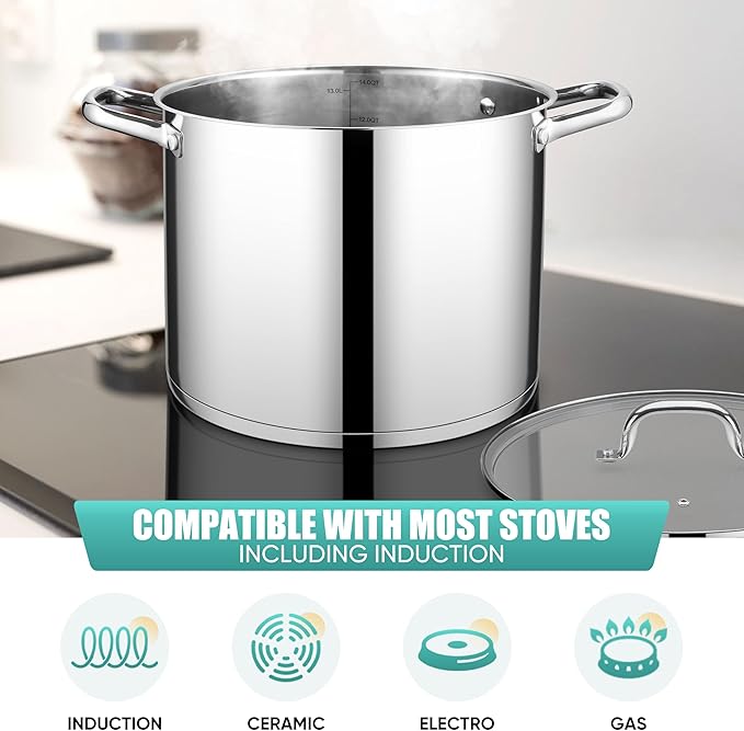E-far 14 Quart Stainless Steel Stock Pot, Heavy Duty Induction Stockpot with Glass Lid for Cooking Soup Canning, Thick Tri-Ply Bottom & Riveted Handles, Compatible with All Stoves, Dishwasher Safe