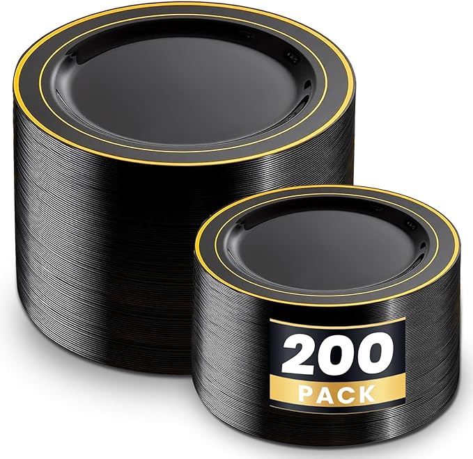 WDF 200PCS Black and Gold Plastic Plates - Black Plates Disposable for Party - Heavy Duty Plastic Plate for Halloween/New Year