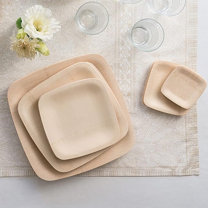 Bambu Pack of 8 - 7 Inch Disposable Bamboo Plates Square, Biodegradable Eco Friendly Products, Bamboo Disposable Plates for Events, Compostable Plates