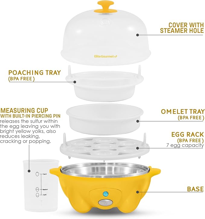 Elite Gourmet Easy Electric 7 Egg Capacity Soft, Medium, Hard-Boiled Cooker Poacher, Scrambled, Omelet Maker with Auto Shut-Off and Buzzer, BPA Free
