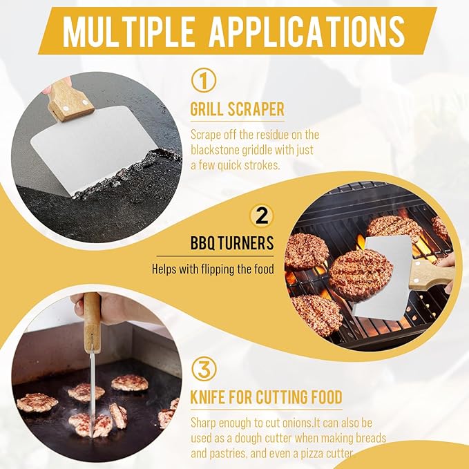 Heavy Duty Stainless Steel Grill Scraper – 5" Natural Wooden Ergonomic Handle, Multifunctional Durable Griddle Cleaner Tool for Blackstone Grill, Outdoor BBQ and Kitchen Use