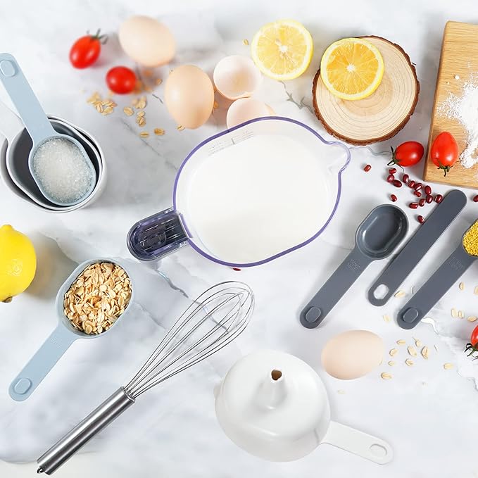 11-Piece Measuring Cups and Spoons Set with Stackable Measuring Cup, Lid, and Silicone Bread Sling(Grey), Unique Kitchen Gadgets for Baking and Cooking, BPA-Free, Dishwasher Safe