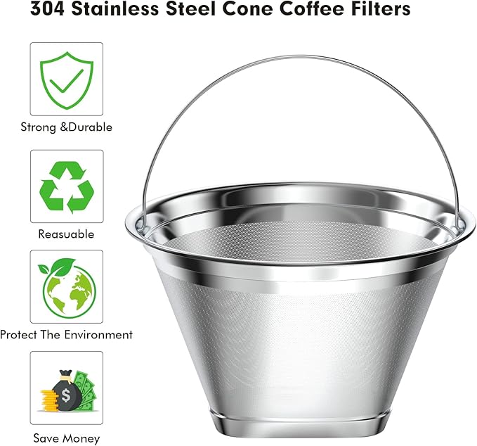 Stainless Steel Reusable Coffee Filter Compatible with Ninja Coffee Maker, 4 Cone Coffee Filters Coffee Basket, Permanent Coffee filters fit for Ninja CFP201 CFP300