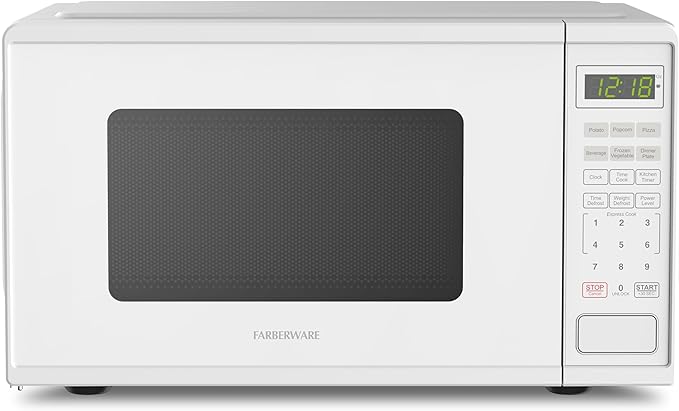 Farberware 0.9 Cu. Ft. 900-Watt Oven Auto, Defrost, & Express Cooking – Compact Countertop Microwave with Digital Display & Safety Lock, White