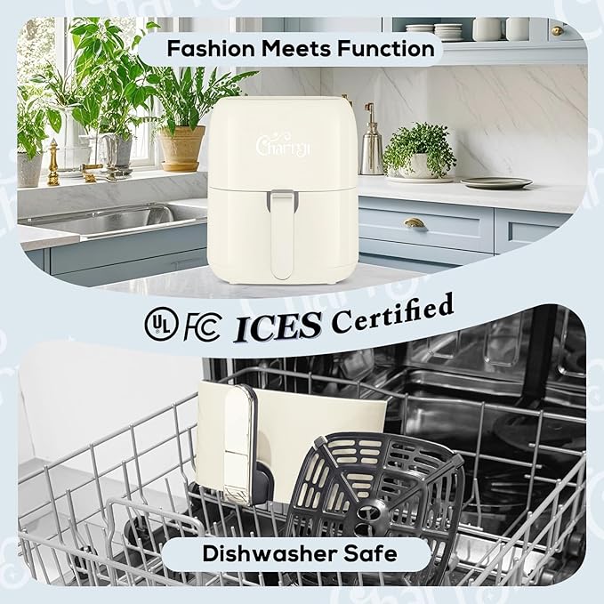 Charmi 5QT Air Fryer – Beautiful Retro Design, Stylish Countertop Look, Nonstick & PFAS-Free, Safe Auto Shutoff, Digital Touchscreen, 8 Cooking Presets (Cream White)