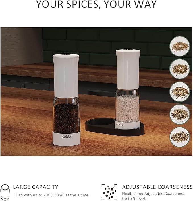 Electric Salt and Pepper Grinder Set with LED Power Display,Larger Capacity Salt and Pepper Shakers Set Rechargeable Electric with Flexible Coarsenes,LED Light,One Hand Operation for Kitchen(White)