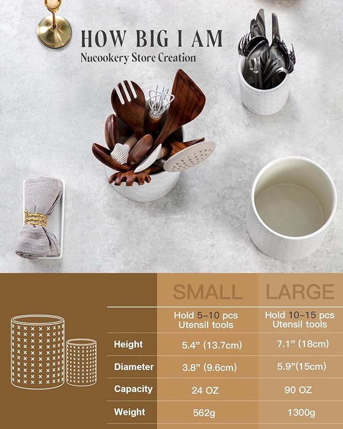 Dual Sizes Utensil Holder - 7.2"+5.4" Ceramic Utensil Holder for Kitchen Counter, Large Utensil Crock, Cooking Utensils Organizer for Spatula, Farmhouse Embossed Vase for Housewarming, Kitchen Decor