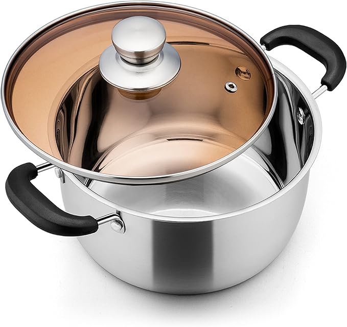 E-far 3 Quart Stock Pot, Stainless Steel Metal Soup Pot with Glass Lid for Cooking, Healthy & Rust Free, Heavy Duty & Dishwasher Safe