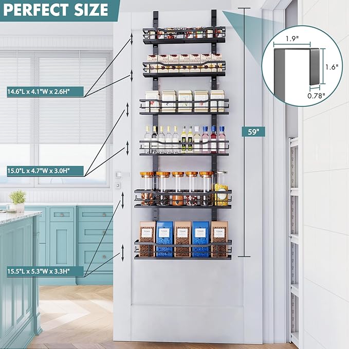 Over The Door Pantry Organizer,6-Tier Over The Door Organizer with Adjustable Basket,Metal Hanging Pantry Organizers and Storage for Kitchen, Back of Door Seasoning Rack (Black)